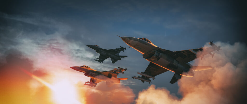 Fighter jets in formation during sunrise showing military aerospace defense aviation operations