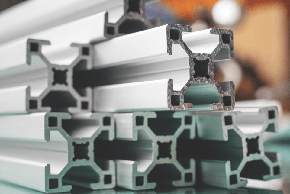 Aerospace aluminum extrusions and aircraft structural profiles in warehouse inventory